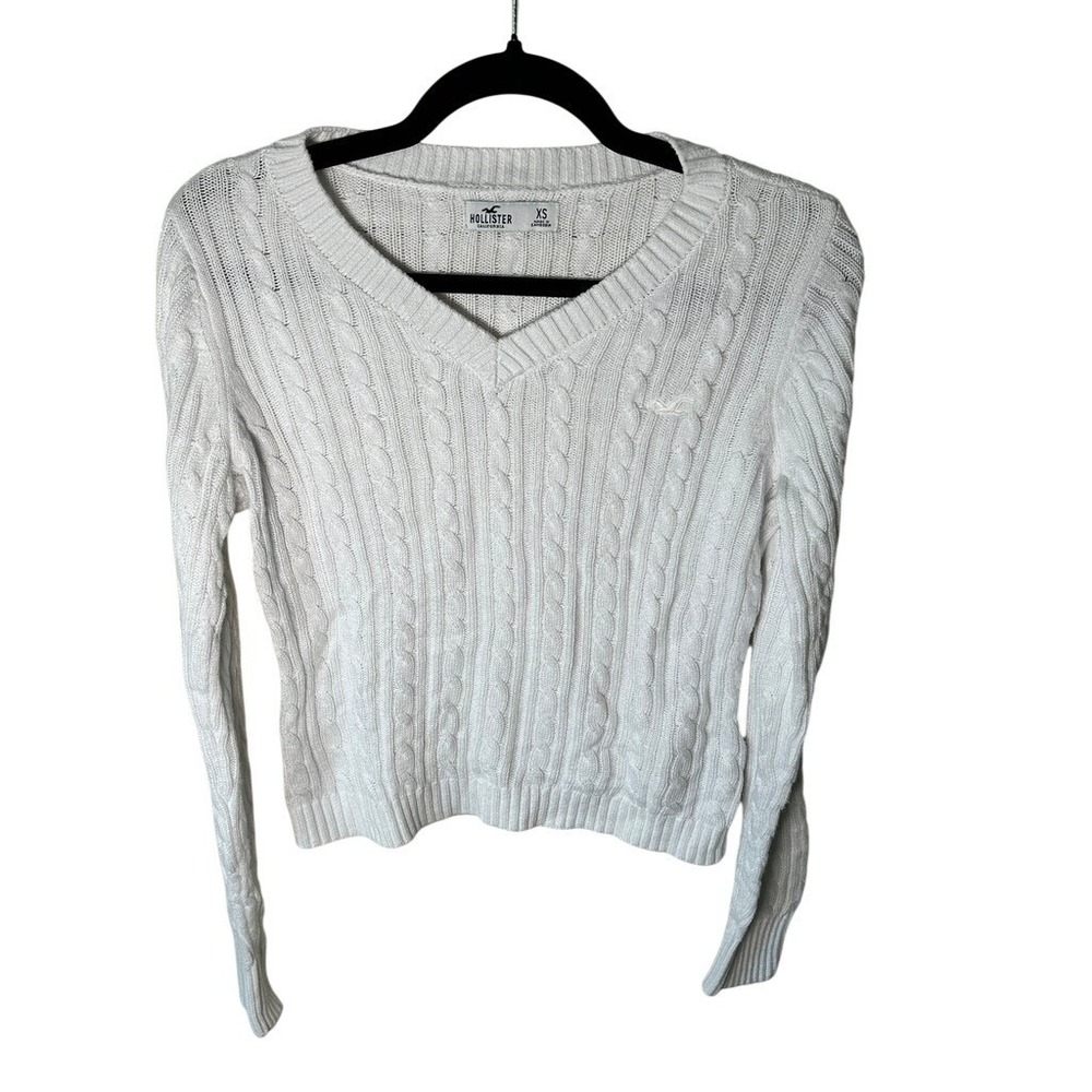 Hollister V-Neck Cable Knit Sweater White Long Sleeve Cotton Blend Size XS